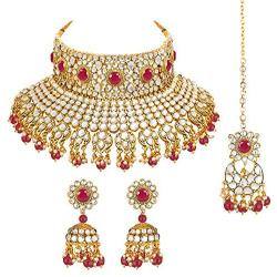 Aheli Ethnic Kundan Pearl Bridal Choker Necklace Earrings with Maang Tikka for Women Girls Indian Traditional Bollywood Fashion Jewelry Set