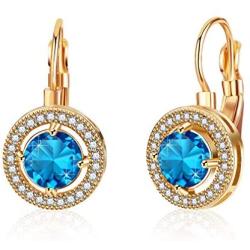 Swarovski Crystal Halo Round Drop Leverback Earrings for Women 14K Rose Gold Plated Hypoallergenic Jewelry