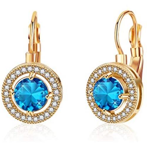 Swarovski Crystal Halo Round Drop Leverback Earrings for Women 14K Rose Gold Plated Hypoallergenic Jewelry