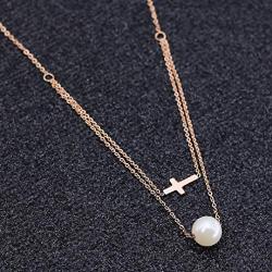 ZHQI Cross Pearl Choker Necklace 18K Rose Gold Plated Stainless Steel Simple Tiny Layered Chain Pendant