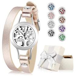 Essential Oil Diffuser Bracelet, Aromatherapy Bracelet Jewelry Stainless Steel Locket Leather Band with 8pcs Washable Refill Pads Birthday Gifts for Women,Girlfriend, Mother,Sister,Aunt