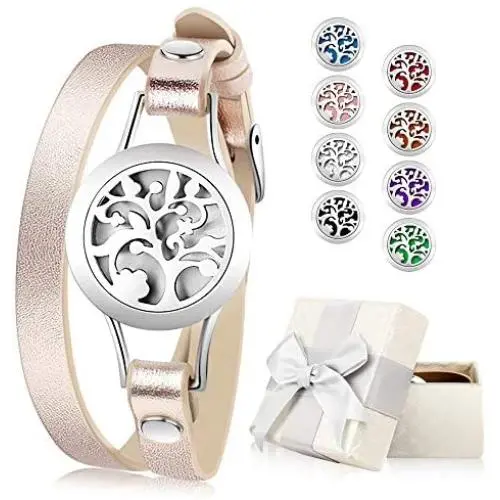 Essential Oil Diffuser Bracelet, Aromatherapy Bracelet Jewelry Stainless Steel Locket Leather Band with 8pcs Washable Refill Pads Birthday Gifts for Women,Girlfriend, Mother,Sister,Aunt