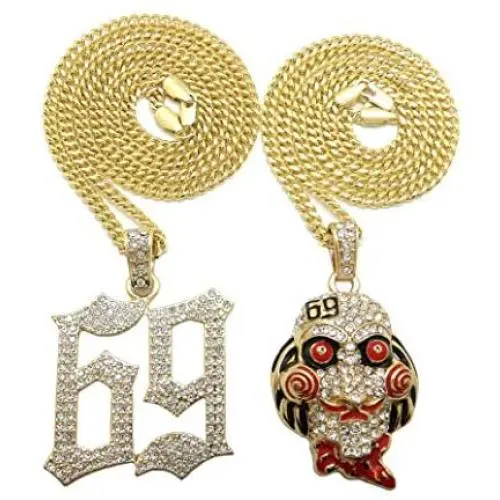 BLINGFACTORY Hip Hop Iced Gold Plated Saw Inspired & 69 Pendant & 3mm 20'' 24'' Cuban Chain Necklace Set BLINGFACTORY Hip Hop Iced Gold Plated Saw Inspired & 69 Pendant & 3mm 20'' 24'' Cuban Chain Necklace Set