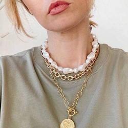 Masiter Layered Faux Pearl Necklace Medallion Disc Coin Pendant Choker Chunky Oval Link Chain Beach Travel Costume Jewelry for Women and Girls(style 1)