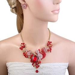 EVER FAITH Gold-Tone Squirrel Family Necklace Earrings Set with Red Austrian Crystal