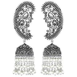 Aheli Vintage Inspired Indian Boho Oxidized Intricate Crafted Peacock Design Jhumki Dangle Earrings Ethnic Fashion Jewelry for Women