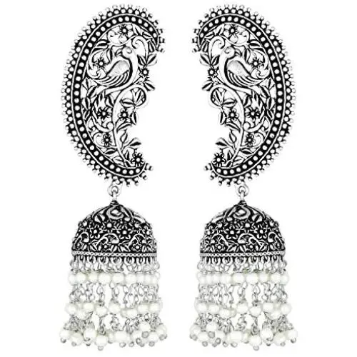 Aheli Vintage Inspired Indian Boho Oxidized Intricate Crafted Peacock Design Jhumki Dangle Earrings Ethnic Fashion Jewelry for Women Aheli Vintage Inspired Indian Boho Oxidized Intricate Crafted Peacock Design Jhumki Dangle Earrings Ethnic Fashion Jewelry for Women