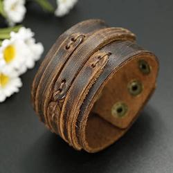 Thunaraz Handmade Genuine Leather Bracelet Adjustable Wide Brown Belt Cuff Bangle Punk Wristband