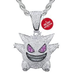 TSANLY Diamond Chain Gengar Chain Pokemon Necklace White Gold Plated with Killy Pendant Ice Out Hip Hop Medallion 24'' Rope Chain + Storage Case + Microfiber Cloth