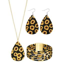Hicarer 3 Pieces Sunflower Print Jewelry Set Sunflower Multi-Layer Bracelets Faux Leather Dangle Earrings Necklace for Women