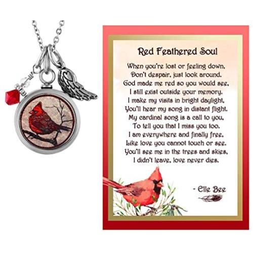 Lola Bella Gifts and Spirit Lala Cardinal Cremation Urn for Ashes Pendant Necklace with Red Feathered Soul Poem Card Gift Box Grief Memorial