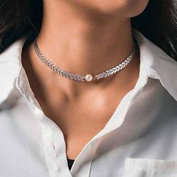 Ursumy Pearl Choker Necklace Arrow Fish Bone Necklace Chain Classic Chokers Necklaces Jewelry for Women and Girls (Silver)