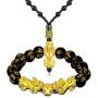 N/Q Feng Shui Pi Xiu Bracelet Necklace Set Black Obsidian Wealth Jewelry for Men Women Good Luck Adjustable Elastic Carved Mantra Bead Bracelet Necklace