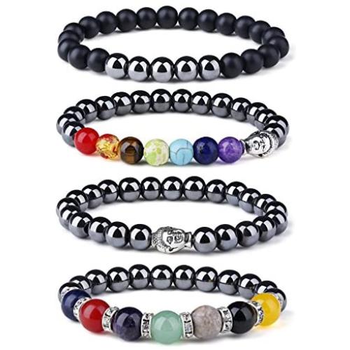 LOYALLOOK 4Pcs Chakra Hematite Bracelet Healing Magnetic Therapy Stretch Stone Beaded Bracelet Balancing
