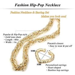 Hanpabum Gold Plated Chunky Rope Chain Necklace and Large Hollow Casting Bamboo Hoop Earrings Set for Men Women Costume Jewelry Punk Hip Hop Rapper Style