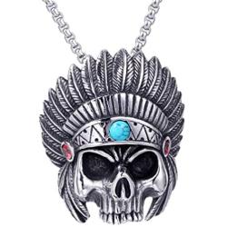 PAMTIER Mens Stainless Steel Silver Native American Indian Tribal Chief Headdress Skull Necklace