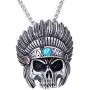 PAMTIER Mens Stainless Steel Silver Native American Indian Tribal Chief Headdress Skull Necklace