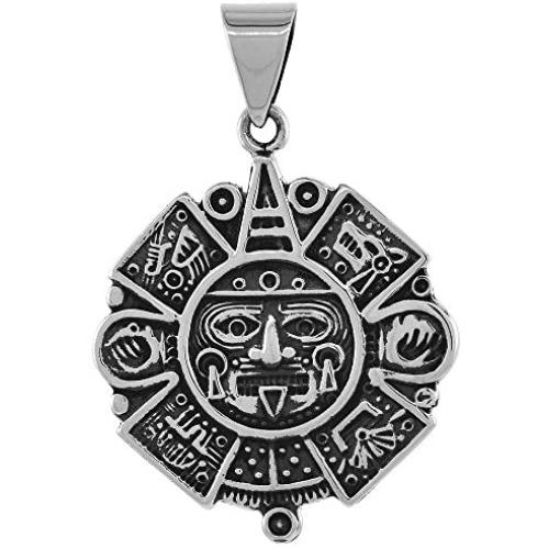 1 3/4 inch Sterling Silver Aztec Calendar Necklace for Men and Women Handmade Oxidized Finish 18-30 inch