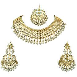 Finekraft Meena Kundan Bridal Wedding Designer Gold Plated Pearls Necklace Jewelry Set