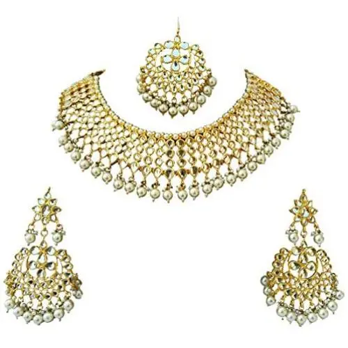 Finekraft Meena Kundan Bridal Wedding Designer Gold Plated Pearls Necklace Jewelry Set