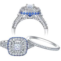 Newshe Wedding Rings for Women Engagement Ring Set Sterling Silver Princess 2.1Ct Cz Blue Size 5-10