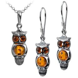 Sterling Silver Amber Owl Earrings Pendant Set Necklace 18 Inches