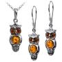 Sterling Silver Amber Owl Earrings Pendant Set Necklace 18 Inches