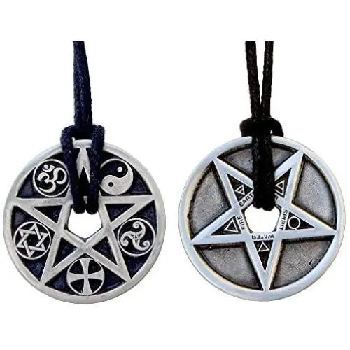 OhDeal4U 2 Sided Protection Elemental Disk Paganism Pentagram Star 5 Elements Disc Earth Air Spirit Water Fire and Coexist Religion Pewter Coin Pendant Medallion Amulet Charm