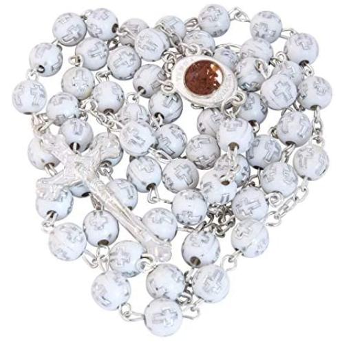 Catholic White Rosary Prayer Beaded Jerusalem Cross Crucifix Christ Jesus Necklace Decor with Holy Soil from Jerusalem for Auto Car for Men Women Religious Jewelry Pendant 20.5''