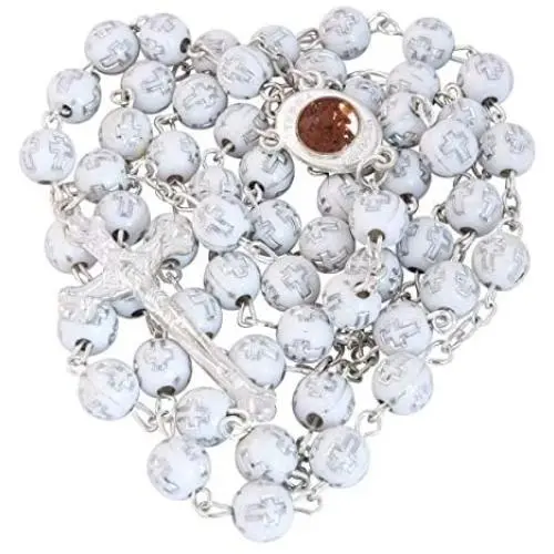 Catholic White Rosary Prayer Beaded Jerusalem Cross Crucifix Christ Jesus Necklace Decor with Holy Soil from Jerusalem for Auto Car for Men Women Religious Jewelry Pendant 20.5'' Catholic White Rosary Prayer Beaded Jerusalem Cross Crucifix Christ Jesus Necklace Decor with Holy Soil from Jerusalem for Auto Car for Men Women Religious Jewelry Pendant 20.5''