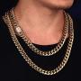 Luxfine 12mm Miami Cuban Link Chain 14K REAL Gold Plated Hypoallergenic Hip Hop Jewelry Premium Stainless Steel Necklace For Men Women (No Color Fade, Double-sided Iced Out Clasp)