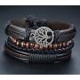 TempBeau Black Leather Bracelet Set for Men Women, Cross Charm Wide Wristband, Wood Wooden Beads, Braided Woven Ethnic Tribal 4pcs Bangle Set, Elastic Adjustable Length,Send Gift Box…