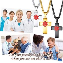 U7 Free Engrave Medical Alert ID Necklace Womens Mens Personalized Emergency Identification Jewelry Stainless Steel / 18K Gold Plated Customized Allergery/Name/Diabetes Pacemaker Dog Tags Pendant,22''