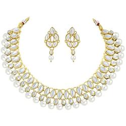 Aheli Fancy Party Wear Pearl Drop Kundan Necklace and Earrings Set Jewelry for Women Girls