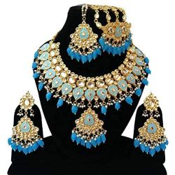 Finekraft Meena Kundan Bridal Wedding Designer Gold Plated Pearls Necklace Jewelry Set