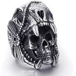 Elfasio Cool Skull Rings for Mens Stainless Steel Vintage Indian Jaguar Warrior Biker Punk Jewelry Gift for Him Size 8-13