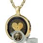 I Love You Necklace 24k Gold Inscribed in 120 Languages in Miniature Text on Round Black Onyx Gemstone Pendant and Black Crystal Heart Drop Earrings Jewelry Set for Women, 18'' Rolo Chain