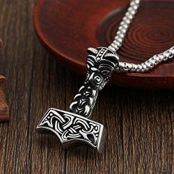 Jovivi Mens Stainless Steel Viking Norse Celtic Knot Mjolnir Thors Hammer Pendant Necklace 24'' Chain with Gift Box,Silver Black