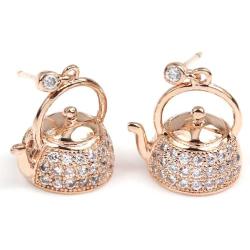 FC JORY Rose& White Gold GP CZ Kettle Teapot Crystal Pierced Dangle Drop Earrings