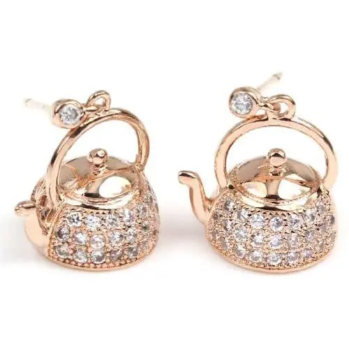 FC JORY Rose& White Gold GP CZ Kettle Teapot Crystal Pierced Dangle Drop Earrings