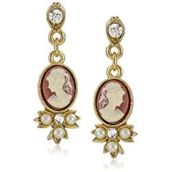 Downton Abbey Carded Gold-Tone Oval Cameo Simulated Pearl and Crystal Drop Earrings