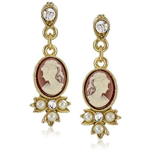 Downton Abbey Carded Gold-Tone Oval Cameo Simulated Pearl and Crystal Drop Earrings