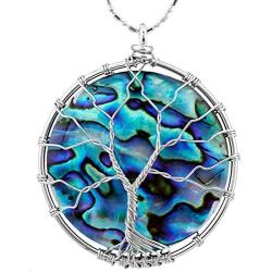 SUNYIK Natural Abalone Shell Tree of Life Pendant Necklace and Earrings Jewelry Set for Women, Handmade Wire Wrapped Necklace Earrings Set for Women