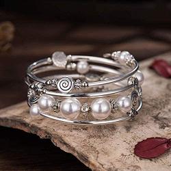 Bead Wrap Bangle Pearl Bracelet - Silver Metal Bracelet Fashion Bohemian Jewelry Multilayer Charm Bracelet with Thick Silver Metal Beads Gifts for Women