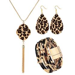 Hicarer 3 Pieces Leopard Bracelets Bohemia Leopard Earrings Necklace for Women Girls (Teardrop Earring Set)