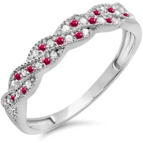 Dazzlingrock Collection 14k Round Ruby & White Diamond Ladies Anniversary Wedding Stackable Band Swirl Ring, White Gold