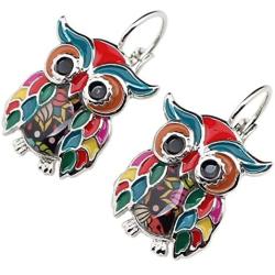 WEVENI Enamel Alloy Cartoon Owl Bird Earrings Dangle Drop Jewelry For Women Girls Ladies Charm Gift