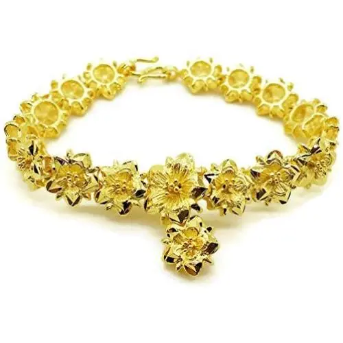Flower Bracelet 24k Thai Baht Yellow Gold Plated Filled Bangle 7 inch Women Jewelry Flower Bracelet 24k Thai Baht Yellow Gold Plated Filled Bangle 7 inch Women Jewelry