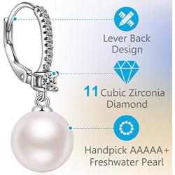Han han Pearl Dangle Earrings with Leverback Design, 925 Sterling Silver Pearl Drop Earrings for Women, CZ Diamond Pearl Earrings Black and White Pearl Jewelry, Gift for Women, Ladies