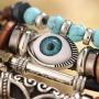 JIAOGE Evil Eye Bracelets, Bohomian Layered Leather Turquoise Beads Bracelets for Men, Retro Punk Leaf Bracelets for Women
